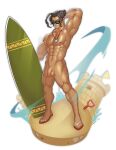  1boy abs alternate_costume arm_behind_head armpits bara black-framed_eyewear black_hair completely_nude dark-skinned_male dark_skin dragalia_lost flaccid full_body highres holding holding_surfboard large_pectorals looking_at_viewer male_focus muscular muscular_male navel nipples nude pectorals penis ranzal sand sand_castle sand_sculpture short_hair solo stomach sunglasses surfboard uchu_(uchuuux) uncensored whistle whistle_around_neck 