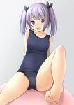  1girl :d bangs bare_legs bare_shoulders barefoot black_ribbon blue_swimsuit blush breasts collarbone commentary_request eyebrows_visible_through_hair gradient gradient_background grey_background hair_ribbon highres knee_up looking_at_viewer old_school_swimsuit one-piece_swimsuit open_mouth original purple_eyes purple_hair ribbon school_swimsuit shibacha small_breasts smile soles solo swimsuit twintails 