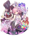  1girl animal_ears anniversary bare_shoulders bow bowtie breasts cake cleavage commentary_request fate/grand_order fate_(series) food fou_(fate) hair_over_one_eye haku_(sabosoda) high_heels holding holding_phone kneeling large_breasts leotard looking_at_viewer mash_kyrielight pantyhose phone pink_hair playboy_bunny purple_eyes rabbit_ears shield short_hair simple_background smile solo strapless strapless_leotard white_background wrist_cuffs 