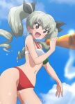  1girl :d anchovy_(girls_und_panzer) bangs bikini black_ribbon blue_sky cloud cloudy_sky commentary cowboy_shot day drill_hair eyebrows_visible_through_hair girls_und_panzer green_bikini green_hair hair_ribbon holding kanau leaning_forward long_hair looking_at_viewer megaphone mismatched_bikini navel open_mouth outdoors red_bikini red_eyes ribbon sky smile solo sparkle standing swimsuit twin_drills twintails 