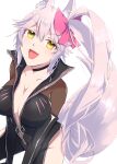  1girl absurdres animal_ear_fluff animal_ears black_bodysuit blush bodysuit breasts center_opening choker cleavage collarbone eyebrows_visible_through_hair fang fate/grand_order fate_(series) fox_ears fox_girl fox_tail hair_ribbon highres koyanskaya_(fate) large_breasts looking_at_viewer looking_up open_mouth pink_hair ribbon ribbon_choker satsuki_(pixiv_742410) side_ponytail simple_background sitting solo tail tamamo_(fate) white_background yellow_eyes 