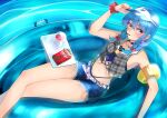  1girl bangs belt bikini blue_eyes blue_hair blue_nails blush braid breasts choker cropped_vest crossed_legs denim denim_shorts dessert earrings feet_out_of_frame food food_in_mouth fruit hair_between_eyes hand_on_headwear highres hololive hoshimachi_suisei inflatable_raft jewelry legs looking_at_viewer lying medium_hair mouth_hold nail_polish navel on_back plaid plaid_vest pocky saco_(cgmore) scrunchie shorts small_breasts solo star_(symbol) star_earrings star_in_eye swimsuit symbol_in_eye tray twin_braids vest virtual_youtuber visor_cap water wrist_scrunchie 