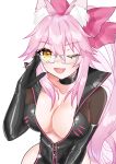  18640321 1girl absurdres animal_ear_fluff animal_ears bangs black_bodysuit blush bodysuit bow breasts center_opening choker cleavage fang fate/grand_order fate_(series) fox_ears fox_girl glasses hair_between_eyes hair_bow highres hip_vent koyanskaya_(fate) large_breasts long_hair looking_at_viewer one_eye_closed open_mouth pink_bow pink_hair ponytail sidelocks smile solo tamamo_(fate) yellow_eyes 
