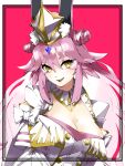  1girl animal_ears bangs bare_shoulders black_bow blush bow breasts buttons cleavage double-breasted double_bun dress fangs fate/grand_order fate_(series) hair_between_eyes hair_bow hat koyanskaya_(fate) large_breasts long_hair long_sleeves looking_at_viewer open_mouth pink_background pink_hair rabbit_ears ramune_gohan sidelocks solo tamamo_(fate) very_long_hair white_dress white_headwear wide_sleeves yellow_eyes 