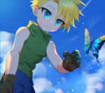  1boy a-uto animal bangs blonde_hair blue_butterfly blue_eyes blue_pants blue_sky brown_gloves bug butterfly cloud commentary dated day digimon digimon_adventure eyebrows_visible_through_hair gloves green_shirt insect ishida_yamato lens_flare light_rays looking_at_another looking_down male_focus outdoors pants shirt short_hair sky sleeveless sleeveless_shirt solo sunbeam sunlight turtleneck 