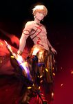 1boy abs absurdres armored_skirt blonde_hair closed_mouth ea_(fate/stay_night) earrings fate/grand_order fate_(series) gilgamesh_(fate) highres jewelry looking_at_viewer male_focus muscular muscular_male navel necklace nipples red_eyes shirtless short_hair solo tattoo user_giq0102 weapon 