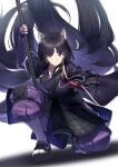  1girl animal_ears arknights armor bangs beads black_hair black_kimono commentary_request dog_ears facial_mark fingerless_gloves forehead_mark gloves highres holding holding_weapon itaco japanese_clothes kimono knee_pads long_hair looking_at_viewer naginata one_knee pants polearm prayer_beads purple_gloves purple_pants red_eyes saga_(arknights) simple_background solo tabi very_long_hair weapon white_background 