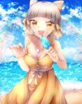  1girl absurdres am_mzk_mkz_9 animal_ears bangs blunt_bangs cat_ears chest_jewel dress_swimsuit highres nia_(fancy_sundress)_(xenoblade) nia_(xenoblade) short_hair silver_hair solo swimsuit xenoblade_chronicles_(series) xenoblade_chronicles_2 yellow_eyes yellow_swimsuit 