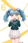  1girl absurdres bangs blue_hair closed_mouth double_w eyebrows_visible_through_hair hair_ornament hair_ribbon hands_up highres hoshikawa_lily light_blue_hair long_hair looking_at_viewer neck_ribbon number pigone ribbon school_uniform smile solo standing standing_on_one_leg star_(symbol) star_hair_ornament twintails v w yellow_eyes zombie_land_saga 