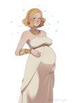 1girl absurdres blonde_hair blue_eyes blush braid dress elf hair_ornament hairclip hand_on_own_stomach happy highres jewelry looking_at_viewer necklace pagonaya pointy_ears pregnant princess_zelda short_hair smile solo the_legend_of_zelda the_legend_of_zelda:_breath_of_the_wild 