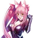  1girl animal_ear_fluff animal_ears bangs black_bodysuit blush bodysuit bow breasts center_opening choker cleavage fate/grand_order fate_(series) fox_ears fox_girl glasses hair_between_eyes hair_bow highres koyanskaya_(fate) large_breasts long_hair looking_at_viewer mine_suto_rongu open_mouth pink_bow pink_hair ponytail sidelocks smile solo tamamo_(fate) yellow_eyes 