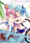  2girls :d :o absurdres ass back bangs bare_shoulders beach blue_eyes blue_hair blush breasts fang hair_between_eyes hair_bun highres honkai_(series) honkai_impact_3rd horns hug liliya_olenyeva long_hair looking_at_viewer looking_back multiple_girls navel ocean open_mouth partially_submerged pink_hair rozaliya_olenyeva sandals siblings single_horn small_breasts smile swimsuit tail thick_eyebrows toes twins twintails wet zhongwu_chahui 