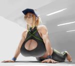  1girl ahoge airpods arched_back artoria_pendragon_(fate) bangs barefoot baseball_cap black_sports_bra blonde_hair blue_eyes blue_headwear breasts cleavage cleavage_cutout close-up clothing_cutout collarbone earbuds earphones english_commentary eu03 exercise fate/grand_order fate_(series) hair_through_headwear hat huge_breasts long_hair lying mysterious_heroine_xx_(fate) on_stomach pants ponytail sidelocks solo sports_bra stretch wireless_earphones wristband yoga_pants you&#039;re_doing_it_wrong 