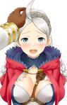  1girl absurdres ahoge bangs blue_eyes braid breasts brown_gloves fire fire_emblem fire_emblem_fates fire_emblem_heroes gloves hairband harness headpat highres hood hood_down igni_tion kiran_(fire_emblem) large_breasts looking_at_viewer male_hand md5_mismatch nina_(fire_emblem) open_mouth solo_focus twin_braids upper_body 