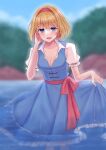  1girl alice_margatroid blonde_hair blue_dress blue_eyes breasts cleavage dress hairband highres holding holding_clothes holding_dress in_water lake lolita_hairband medium_breasts no_neckwear open_clothes open_shirt puffy_short_sleeves puffy_sleeves red_hairband ribbon-trimmed_sleeves ribbon_trim sash shirt short_hair short_sleeves touhou twelve_(thirteen110) 