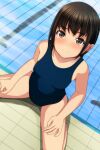  1girl absurdres bangs bare_arms bare_shoulders black_hair blue_swimsuit blush breasts brown_eyes closed_mouth collarbone eyebrows_visible_through_hair highres long_hair looking_at_viewer matsunaga_kouyou nose_blush one-piece_swimsuit original sitting small_breasts smile solo spread_legs swimsuit water 