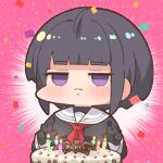  1girl :&lt; black_gloves black_hair black_serafuku black_shirt blush cake candle closed_mouth confetti double_w emphasis_lines food gloves idolmaster idolmaster_cinderella_girls jitome looking_at_viewer medium_hair neckerchief pink_background purple_eyes red_neckwear sailor_collar school_uniform serafuku shirayuki_chiyo shirt solo takato_kurosuke w white_sailor_collar 