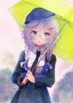  1girl beret black_jacket blue_eyes blue_headwear braid collared_shirt commentary_request girls&#039;_frontline glasses green_umbrella hair_ornament hair_over_shoulder hairclip hat highres holding holding_umbrella jacket kodama_(koda_mat) long_hair looking_at_viewer necktie parted_lips pleated_skirt shirt sier_(girls&#039;_frontline) skirt solo twin_braids umbrella upper_body white_hair white_shirt 