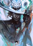  1boy apex_legends artist_name black_gloves black_vest blue_eyes dark-skinned_male dark_skin expressionless gloves hand_on_headwear hat highres iwamoto_zerogo lip_piercing looking_at_viewer male_focus piercing seer_(apex_legends) solo upper_body vest watermark web_address white_headwear 