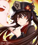  1girl absurdres bangs black_nails brown_hair chinese_clothes commentary eyebrows_visible_through_hair flower genshin_impact ghost hair_between_eyes hat hat_flower hat_ornament highres hu_tao_(genshin_impact) jewelry long_hair long_sleeves looking_at_viewer mixed-language_commentary orange_eyes parted_lips pegasus_arts ring sidelocks simple_background symbol-shaped_pupils twintails 