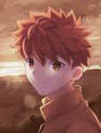  1boy absurdres brown_shirt collared_shirt emiya_shirou eyebrows_visible_through_hair fate/stay_night fate_(series) gakuran highres huge_filesize looking_at_viewer male_focus moto_(otemoto02) orange_hair portrait school_uniform shirt short_hair smile solo sunset upper_body yellow_eyes 