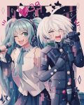  1girl :d ;d ahoge android aqua_hair bangs bare_shoulders black_skirt blush cheer_(cheerkitty14) closed_eyes commentary danganronpa_(series) danganronpa_v3:_killing_harmony detached_sleeves english_commentary grey_background grey_hair hand_on_own_chest hand_up hatsune_miku heart heart_in_eye highres holding holding_microphone keebo long_hair long_sleeves looking_at_another microphone multicolored multicolored_background music neck_ribbon number one_eye_closed open_mouth power_armor ribbon shiny shiny_hair shirt singing skirt smile star_(symbol) symbol_in_eye trait_connection twintails upper_teeth very_long_hair vocaloid white_shirt 