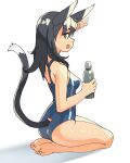  1girl :d animal_ears bare_legs barefoot black_hair blue_swimsuit bottle breasts cat_ears cat_girl cat_tail commentary covered_nipples english_commentary fang from_side full_body green_eyes hand_up highres holding holding_bottle impossible_clothes impossible_swimsuit long_hair looking_at_viewer looking_back looking_to_the_side medium_breasts one-piece_swimsuit open_mouth original school_swimsuit seiza sideways_glance sideways_mouth simple_background sitting smile solo swimsuit tail tail_raised vins-mousseux white_background 
