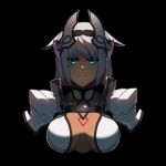  1girl animal_ears armor black_background blue_eyes breasts caenis_(fate) chest_tattoo dark_skin fate/grand_order fate_(series) grey_hair highres hyperbudd large_breasts looking_at_viewer short_hair shoulder_armor simple_background solo tattoo upper_body 