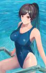  1girl absurdres aji_purio4646 black_hair blue_swimsuit breasts cleavage competition_swimsuit day hair_between_eyes highleg highleg_swimsuit highres idolmaster idolmaster_shiny_colors large_breasts long_hair looking_at_viewer one-piece_swimsuit ponytail pool shirase_sakuya smile solo swimsuit wet wet_clothes wet_hair wet_swimsuit yellow_eyes 