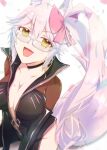  1girl absurdres animal_ear_fluff animal_ears black_bodysuit blush bodysuit breasts center_opening choker cleavage collarbone eyebrows_visible_through_hair fang fate/grand_order fate_(series) fox_ears fox_girl fox_tail glasses hair_ribbon highres koyanskaya_(fate) large_breasts looking_at_viewer looking_up open_mouth pink_hair ribbon ribbon_choker satsuki_(pixiv_742410) side_ponytail simple_background sitting solo tail tamamo_(fate) white-framed_eyewear white_background yellow_eyes 