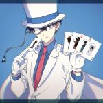  1boy ;q ace ace_of_clubs ace_of_diamonds ace_of_hearts ace_of_spades akiyoshi_(tama-pete) bangs blue_background blue_eyes blue_shirt brown_hair cape card club_(shape) commentary diamond_(shape) dress_shirt formal gloves hair_between_eyes hands_up hat heart holding holding_card jacket joker_(card) kaitou_kid long_sleeves looking_at_viewer magic_kaito male_focus meitantei_conan monocle monocle_chain necktie one_eye_closed playing_card red_neckwear shirt short_hair smile solo spade_(shape) suit tongue tongue_out top_hat upper_body white_cape white_gloves white_headwear white_jacket white_suit 