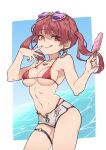  1girl :q absurdres bangs bikini breasts dolphin_shorts earrings eyewear_on_head food heart heart-shaped_eyewear heterochromia highres hololive houshou_marine jewelry large_breasts long_hair looking_at_viewer necklace ocean popsicle red_bikini red_eyes red_hair short_shorts shorts smile solo string_bikini sunglasses swimsuit thigh_strap tongue tongue_out twintails virtual_youtuber white_shorts yellow_eyes zoe_(killyou80) 
