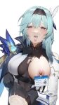  1girl ahegao blue_hair breasts collar container cum cum_in_container cum_pool dripping eula_(genshin_impact) facial genshin_impact gloves highres id_card lactation large_breasts looking_at_viewer milk naughty_face nipple_clamps nipple_tag nipples one_breast_out open_clothes open_mouth open_shirt sdustz simple_background skirt solo tongue tongue_out torn_clothes torn_skirt torogao vision_(genshin_impact) white_background 