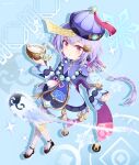  1girl absurdres aqua_background bandaged_leg bandages bangs bead_necklace beads braid cape coconut coin_hair_ornament commentary_request drinking_straw earrings eyebrows_visible_through_hair from_above genshin_impact hair_between_eyes hat hehehzb highres jewelry jiangshi long_hair long_sleeves looking_at_viewer looking_up low_ponytail necklace ofuda orb parted_lips purple_eyes purple_hair qing_guanmao qiqi_(genshin_impact) shoes sidelocks simple_background single_braid solo thighhighs vision_(genshin_impact) white_legwear yin_yang yin_yang_orb zettai_ryouiki 