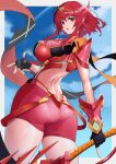  1girl absurdres aegis_sword_(xenoblade) bangs black_gloves breasts chest_jewel earrings fingerless_gloves gloves highres jewelry large_breasts moonface pyra_(xenoblade) red_eyes red_hair red_legwear red_shorts short_hair short_shorts shorts solo swept_bangs sword thighhighs tiara weapon xenoblade_chronicles_(series) xenoblade_chronicles_2 