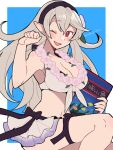  1girl alternate_costume armpits bangs bikini bikini_skirt black_bow black_hairband blush book bow breasts cleavage collarbone corrin_(fire_emblem) corrin_(fire_emblem)_(female) do_m_kaeru eyebrows_visible_through_hair fire_emblem fire_emblem_fates fire_emblem_heroes flower flower_necklace frilled_skirt frills grey_hair hair_between_eyes hair_flower hair_ornament hairband holding holding_book jewelry large_breasts long_hair looking_at_viewer manakete navel necklace official_alternate_costume one_eye_closed open_mouth pink_flower pointy_ears red_eyes skirt smile solo swimsuit twitter_username white_bikini white_skirt white_swimsuit 