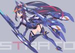  1girl bangs black_hair blue_eyes blue_footwear boots breasts grey_background hair_between_eyes high_heel_boots high_heels holding holding_sword holding_weapon leaning_forward mecha_musume metal_boots mk-5 multicolored_hair original panties parted_lips red_hair science_fiction small_breasts solo streaked_hair sword thigh_boots thighhighs twintails underwear weapon white_panties 