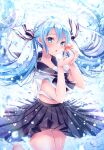  1girl air_bubble animal bangs black_bow black_sailor_collar black_skirt blue_eyes blue_hair blush bottle_miku bow bubble commentary day eyebrows_visible_through_hair fish floating_hair goldfish hair_between_eyes hands_up hatsune_miku highres long_hair looking_at_viewer nemuri_nemu outdoors parted_lips pleated_skirt sailor_collar shirt short_sleeves skirt solo twintails underwater very_long_hair vocaloid water white_shirt 