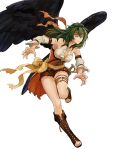  1girl bangs bare_shoulders belt blue_eyes boots breasts cleavage collarbone cross-laced_footwear feathered_wings fire_emblem fire_emblem:_radiant_dawn fire_emblem_heroes green_hair halterneck headband highres knee_boots lace-up_boots leg_up long_hair medium_breasts o-ring official_art parted_lips shorts sleeveless solo thigh_strap toeless_footwear toes transparent_background uroko_(mnr) vika_(fire_emblem) wings 