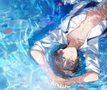  1boy black_hair blue_eyes commentary hishi_(k-xaby) looking_at_viewer lying male_focus ocean on_back open_clothes open_shirt original parted_lips partially_submerged pixiv_id shirt short_hair solo underwater water water_surface wet white_shirt 