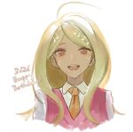  1girl :d ahoge akamatsu_kaede bangs blonde_hair collared_shirt commentary cropped_torso danganronpa_(series) danganronpa_v3:_killing_harmony dated hair_ornament happy_birthday laaaicha long_hair looking_at_viewer musical_note_hair_ornament necktie open_mouth orange_neckwear pink_vest shirt simple_background smile solo sweater_vest vest white_background white_shirt 