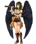  1girl bangs bare_shoulders belt blue_eyes boots breasts collarbone cross-laced_footwear dagger feathered_wings fire_emblem fire_emblem:_radiant_dawn fire_emblem_heroes green_hair halterneck headband highres holding knee_boots knife lace-up_boots long_hair looking_at_viewer medium_breasts o-ring official_art shorts sleeveless solo spyglass standing toeless_footwear toes transparent_background uroko_(mnr) vika_(fire_emblem) weapon wings 