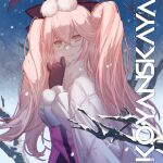  1girl animal_ear_fluff animal_ears bangs black_bow black_gloves blush bow branch breasts character_name cloak coattails corset dress_shirt fate/grand_order fate_(series) fur-trimmed_cloak fur_trim glasses gloves hair_between_eyes hair_bow koyanskaya_(fate) large_breasts long_hair long_sleeves looking_at_viewer pantyhose pink_hair rabbit_ears shirt sidelocks smile snowing solo tamamo_(fate) twintails underbust white_cloak white_legwear white_shirt xing_muhen yellow_eyes 