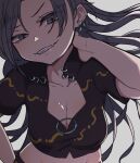  1girl arm_up breasts cleavage earrings eyebrows_visible_through_hair eyes_visible_through_hair fang grey_background grey_eyes grey_hair grin hand_on_hip highres himemushi_momoyo jewelry large_breasts long_hair looking_at_viewer marsen midriff ring short_sleeves simple_background skin_fang smile solo touhou uneven_eyes upper_body very_long_hair 