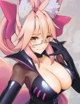  1girl adjusting_eyewear animal_ear_fluff animal_ears black_bodysuit black_choker black_gloves bodysuit bow breasts choker cleavage closed_mouth collarbone elbow_gloves fate/grand_order fate_(series) fox_ears fox_girl fox_tail glasses gloves grey-framed_eyewear hair_bow hand_on_eyewear highres koyanskaya_(fate) large_breasts long_hair looking_at_viewer pink_bow pink_hair ponytail rotix semi-rimless_eyewear sidelocks smile solo tail tamamo_(fate) under-rim_eyewear upper_body yellow_eyes 