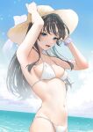 1girl :d armpits arms_up bangs black_hair blue_eyes blue_sky blush breasts cleavage cowboy_shot day eyebrows_visible_through_hair hands_on_headwear hat highres horizon kyarotto_(zenkixd) long_hair looking_at_viewer medium_breasts navel ocean open_mouth original outdoors scrunchie sky smile solo stomach sun_hat water wrist_scrunchie 