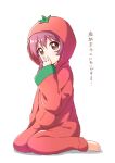  1girl barefoot blush brown_eyes closed_mouth eyebrows_visible_through_hair full_body haru_(konomi_150) highres looking_at_viewer pajamas purple_hair shiny shiny_hair simple_background sitting solo sugiura_ayano tomato_costume translated white_background yuru_yuri 