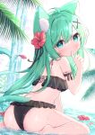  1girl ahoge animal_ear_fluff animal_ears ass bangs bare_shoulders barefoot bikini black_bikini blush cat_ears cat_girl cat_tail commentary_request covered_mouth eyebrows_visible_through_hair finger_to_mouth flower flower_on_liquid frilled_bikini frills green_eyes green_hair hair_between_eyes hair_flower hair_ornament hairclip hand_up hibiscus highres mikaze_oto original petals petals_on_liquid red_flower shallow_water sitting solo swimsuit tail wariza water waterfall x_hair_ornament 