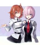  2girls absurdres ahoge bangs blush breasts chaldea_uniform commentary_request fate/grand_order fate_(series) fujimaru_ritsuka_(female) glasses grey_jacket grin hair_between_eyes hair_over_one_eye hand_up hane_yuki highres jacket large_breasts long_sleeves mash_kyrielight medium_breasts multiple_girls necktie one_eye_closed open_clothes open_jacket open_mouth orange_eyes orange_hair pantyhose purple_eyes red_neckwear shiny shiny_hair short_hair side_ponytail smile teeth two-tone_background upper_teeth white_jacket 