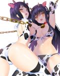  2girls animal_ears animal_print armpits arms_up ass bare_shoulders bell bikini black_hair breasts bucchake_(asami) chain choker cow_ears cow_print cowbell elbow_gloves fake_animal_ears fake_horns from_behind front-tie_bikini front-tie_top gloves hair_ornament hairband halterneck horns kushima_kamome kushima_sagi long_hair looking_at_viewer looking_back medium_breasts multiple_girls navel open_mouth orange_eyes red_choker restrained short_hair skull_and_crossbones skull_hair_ornament stomach strap_gap string_bikini summer_pockets swimsuit thighhighs thighs very_long_hair white_bikini white_gloves white_legwear 
